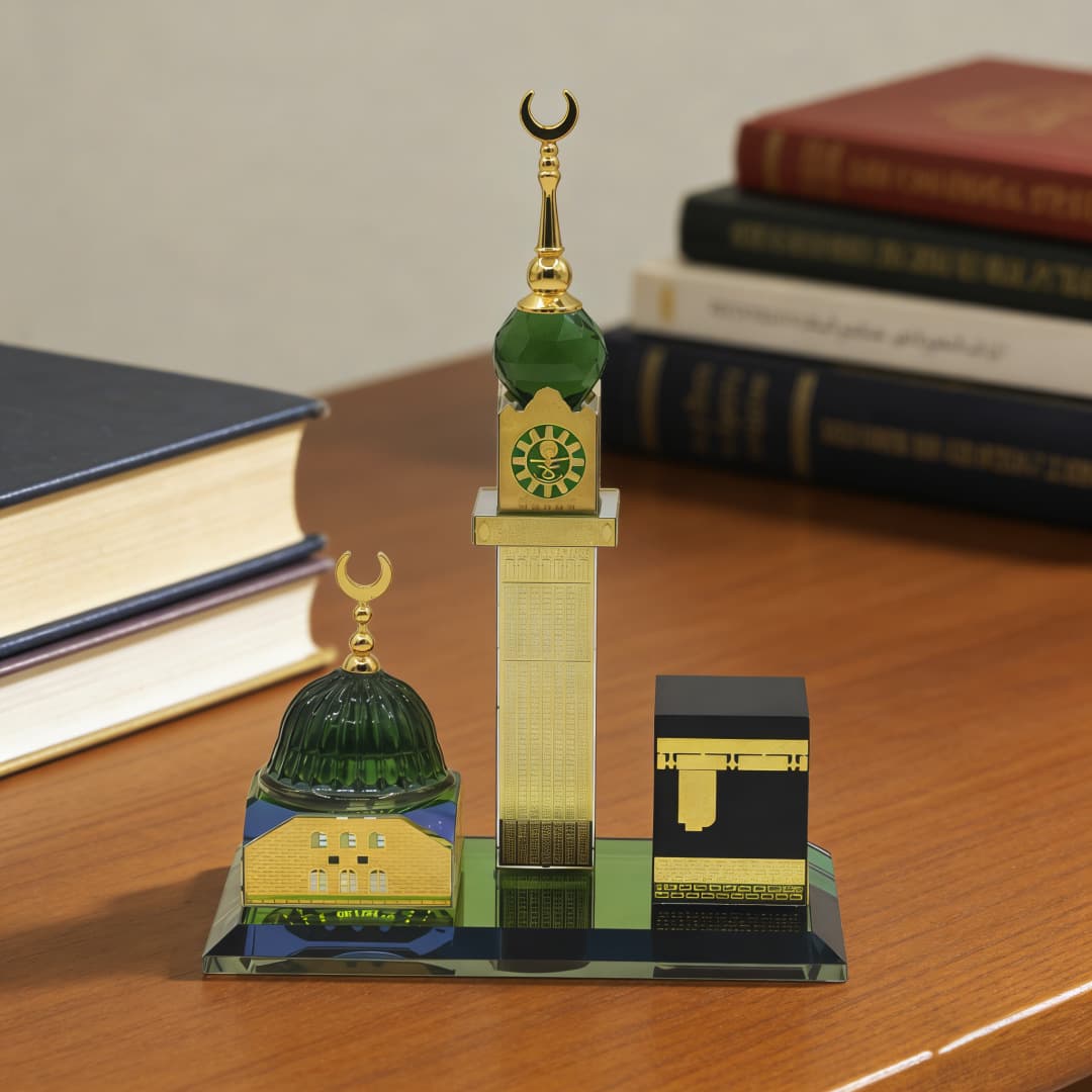 Cross-Border Muslim Three-Building Crystal Set Mecca Clock Tower Green Dome Kaaba Integrated Desktop Ornament Gift
