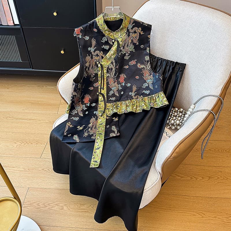 Real Shot New Chinese Style Stand Collar Heavy Work Satin Brocade Embroidery Irregular Hem Vest with Skirt Two-Piece Set