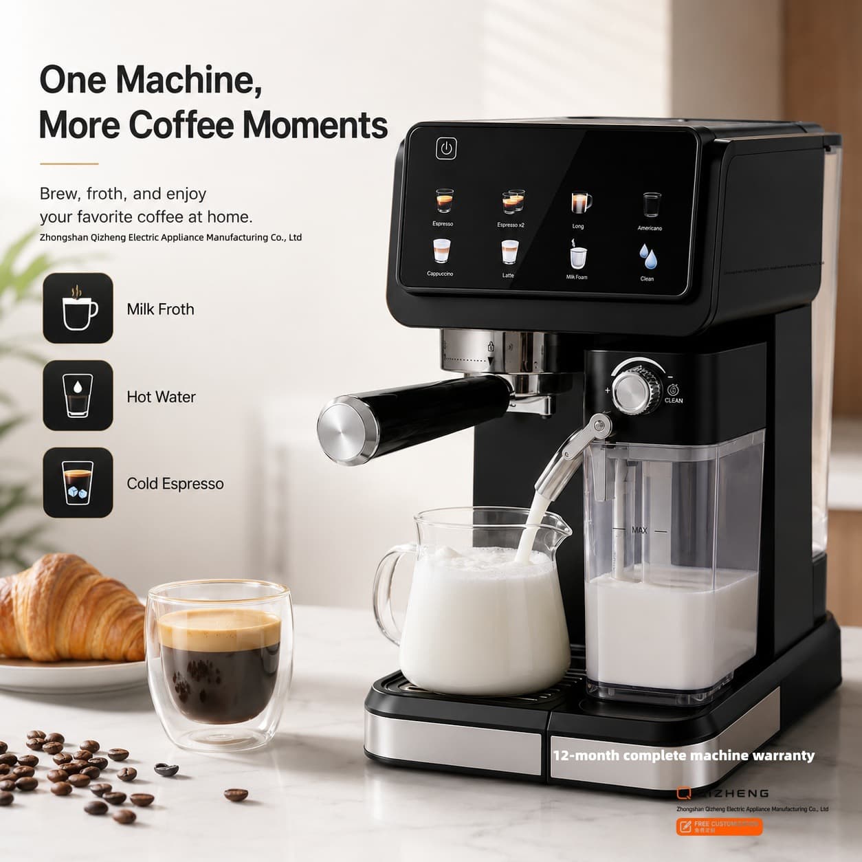 Compact Semi-Automatic Home Espresso Machine 20Bar Coffee Maker with Milk Frother for Export