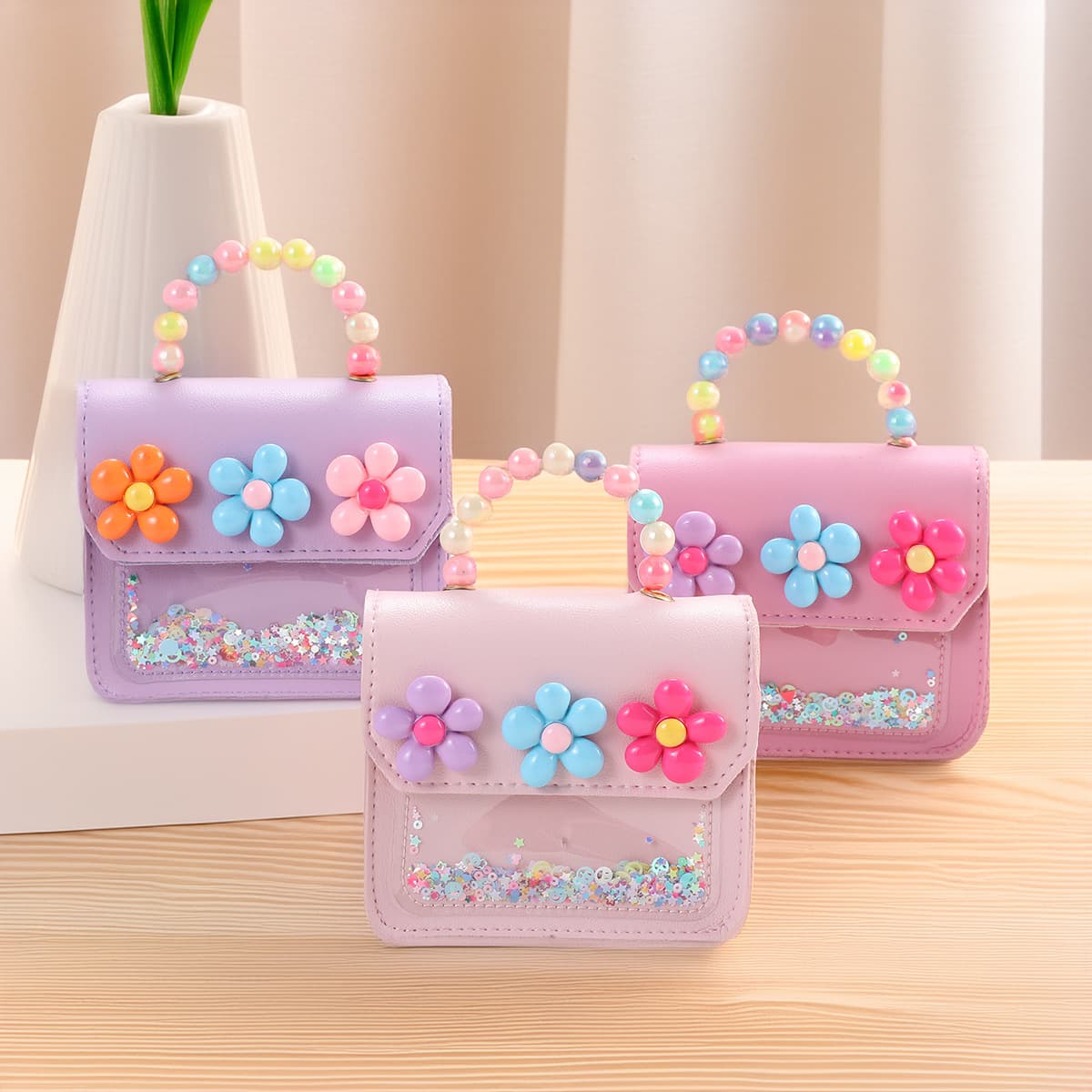 Children's bags, playful and cute little flower pearl handbags, shoulder bags, student campus card holders, meal card holders, coin purses wholesale