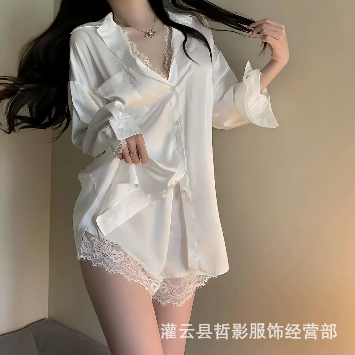 High-End Boyfriend-Style Shirt, Sexy Plus-Size Pajamas, Pure Desire Women's Thin Lace Two-Piece Nightgown, Homewear