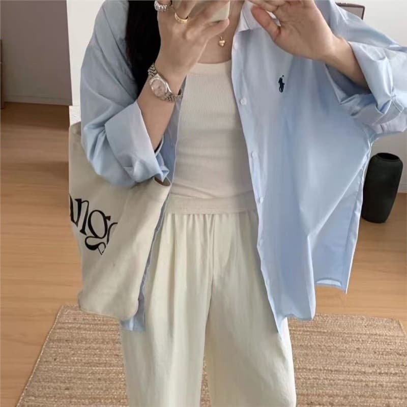 Casual Blue Loose Fit Blouse 2024 Korean Style New Versatile Embroidered Long Sleeve Shirt Jacket Ins
