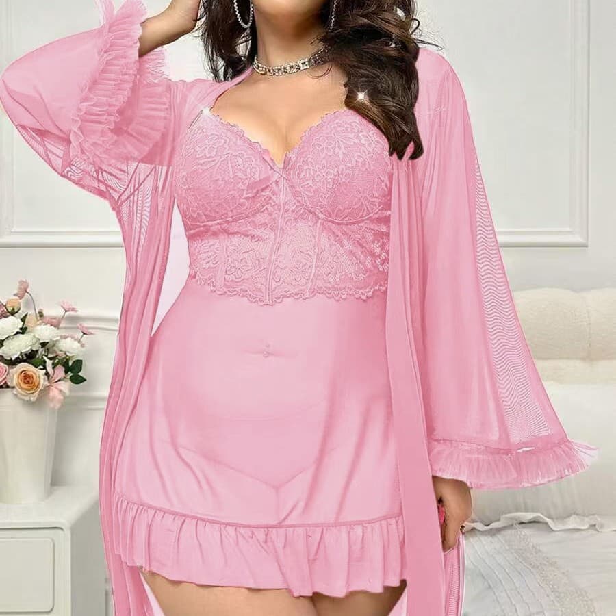 Cross-border Hot Selling Sexy Lace Chemise Nightgown Robe for Women Summer Plus Size Mesh Sexy Pajama Set Wholesale to Europe and America