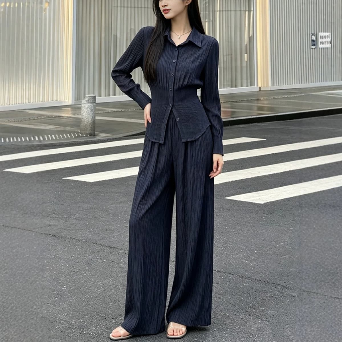 Miyake Pleated Women's Outfit Set - Autumn New Arrival Shirt Top with Straight-Leg Pants, Two-Piece Set