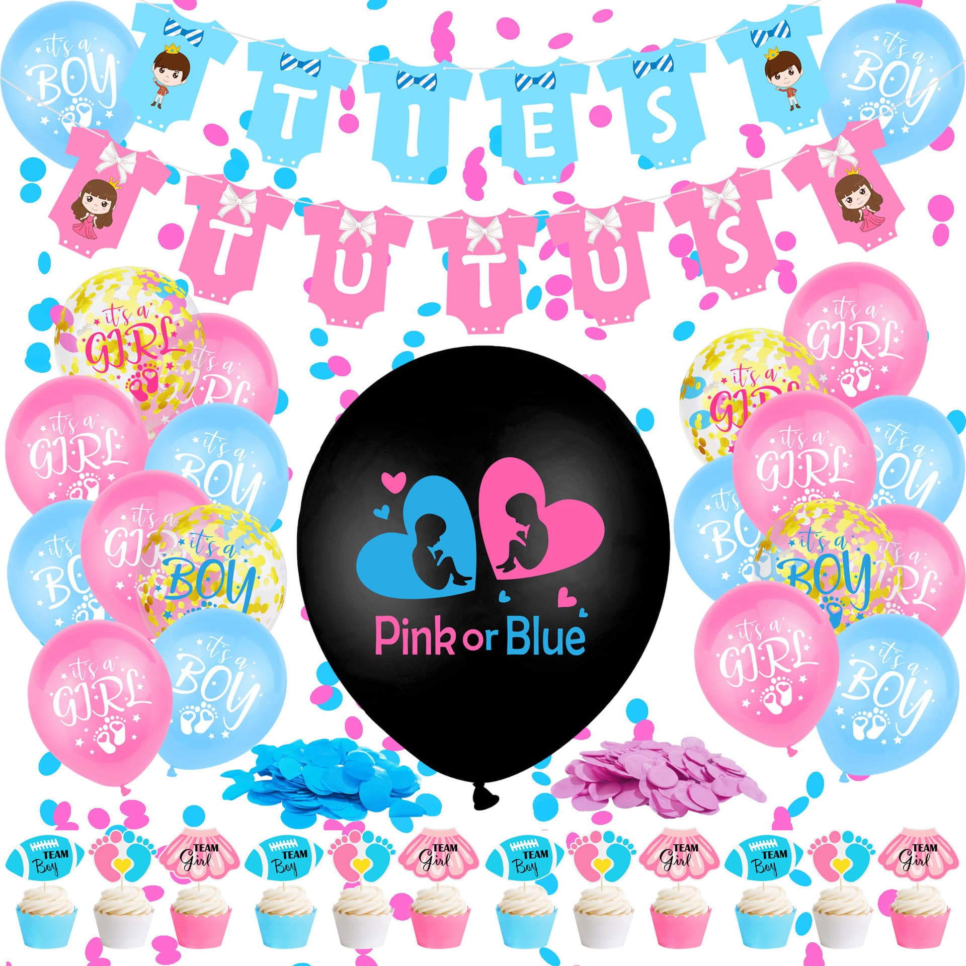 36-inch black gender reveal balloon with Amazon ties, tutu card, and flag for baby gender reveal