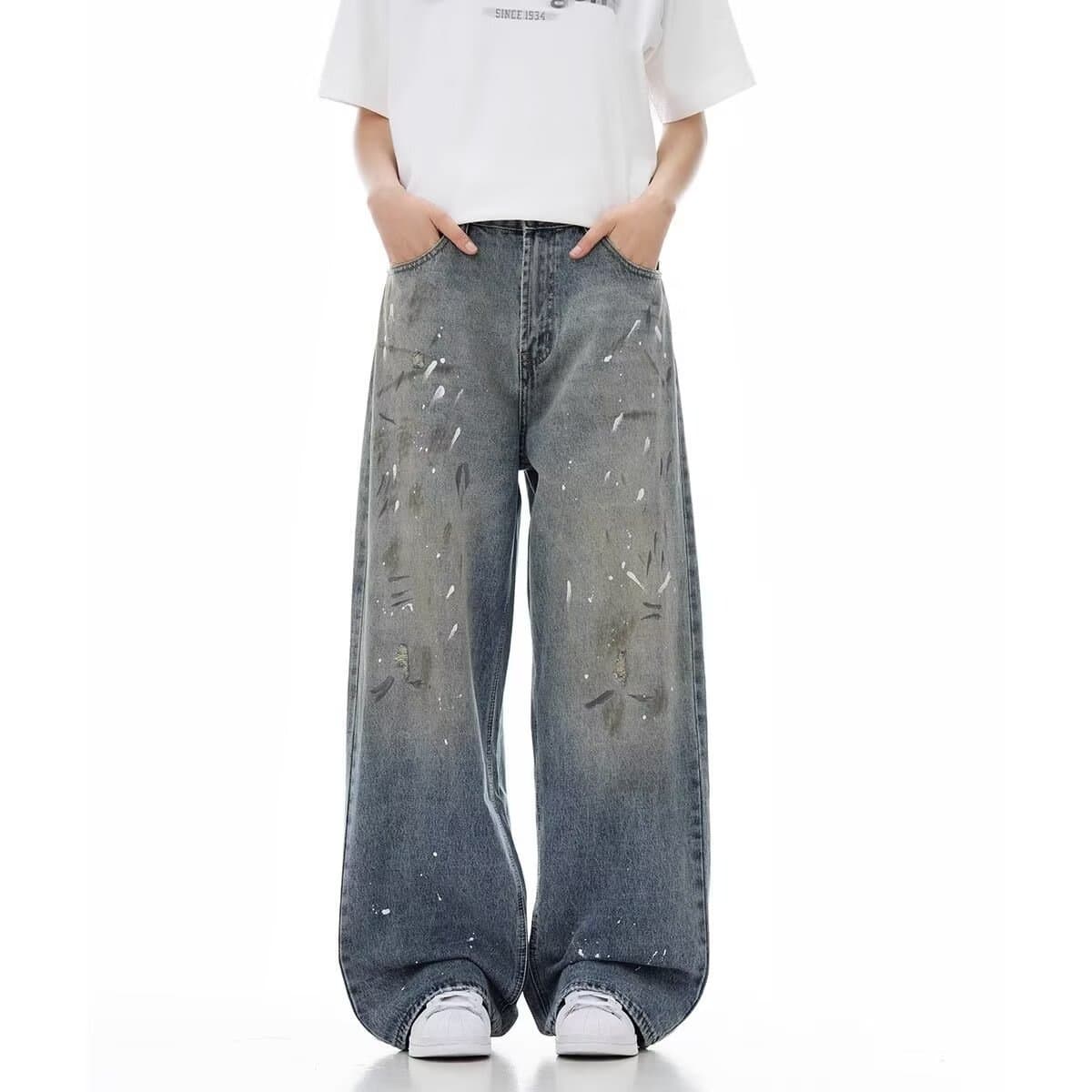 Chaolun cloth men's jeans American high street fashion brand retro washed and distressed loose and versatile straight wide leg trousers