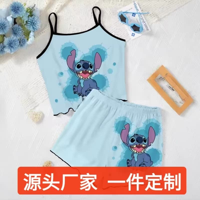 Cross-border Hot Selling Summer New Stitch Print Design Camisole Shorts Pajamas for Women