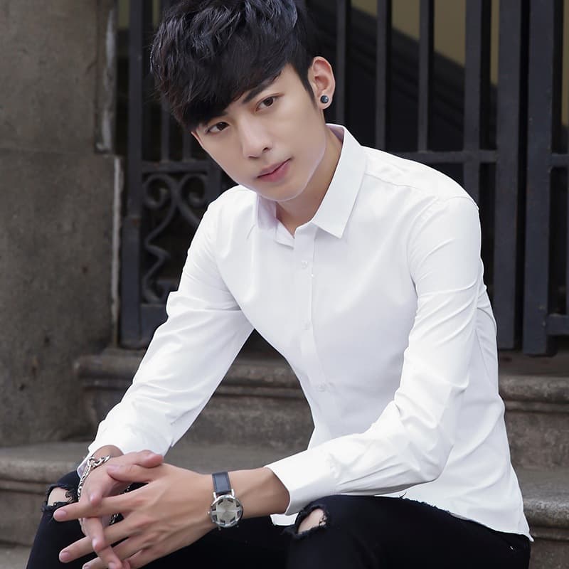 Solid Color Long Sleeve Dress Shirt for Men, Wrinkle-Free Business Casual Korean Slim Fit White Shirt, Wholesale