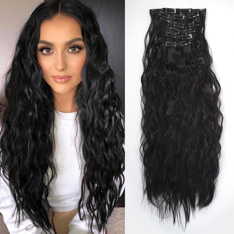 Cross-border Europe and America Wig 6-Piece Set 16 Clips Long Curly Water Wave Hair Extensions for Women Small Curl Hairpieces