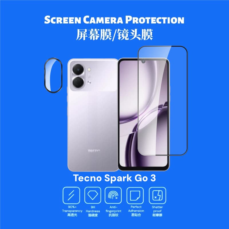 Compatible with Tecno Spark Go 3 Transsion Tempered Glass Screen Protector, Silk-Printed Tempered Glass, Privacy Screen, Eagle Eye Lens Protector