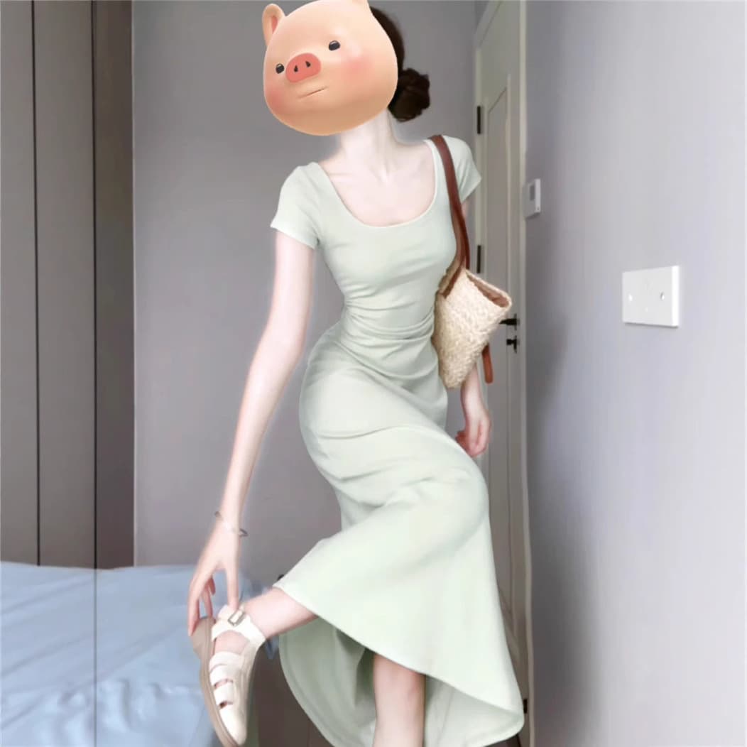 Lamei Green Dress Women 2025 New Slim Summer Dopamine Waist Cinching Bodycon Midi Slimming Dress