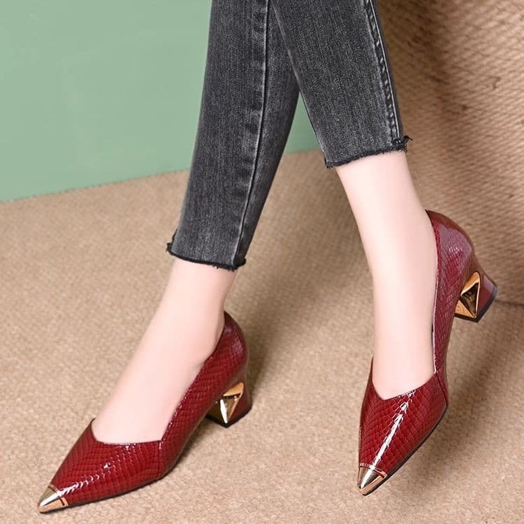 French High Heels Women 2025 New Pointed Toe Chunky Heel Shallow Mouth Elegant Socialite Style Metal Toe Single Shoes