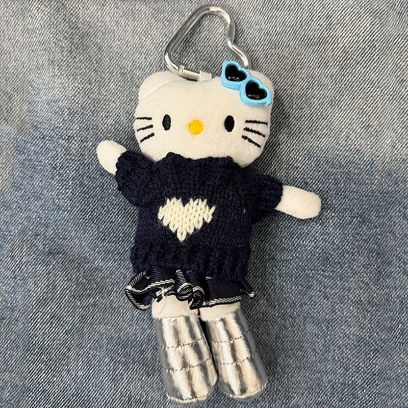New Black-Grey Long-Leg KT Autumn/Winter Outfit Sweater Leather Pants Glasses Kitty Plush Doll Bag Pendant