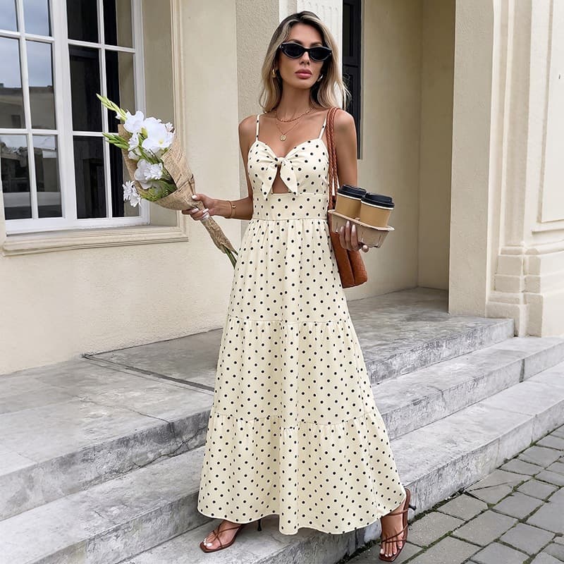 TEMU Europe and America 2026 new summer style retro holiday style cake long skirt hollow lace polka dot suspender dress
