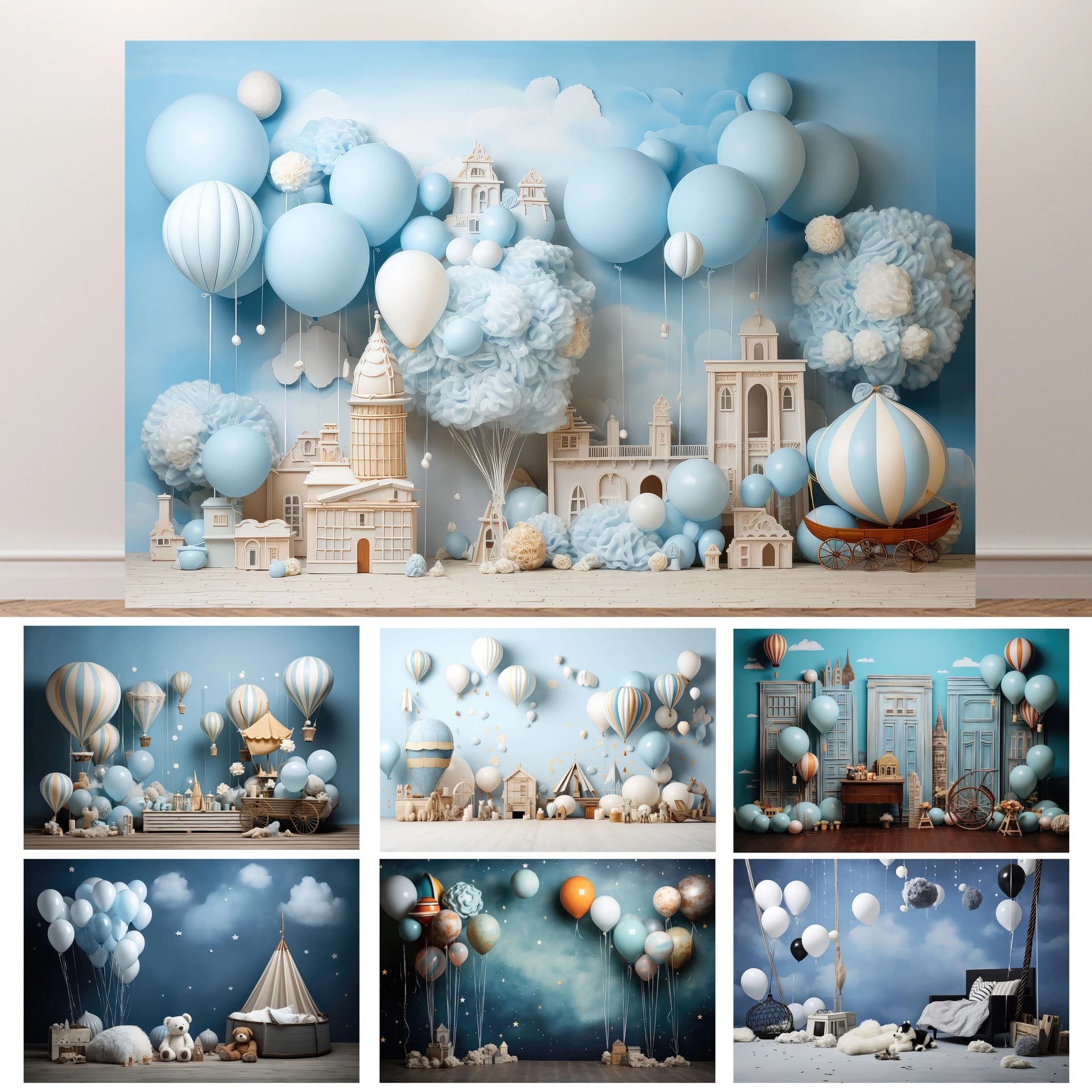 Cross-border new blue hot air balloon castle photography background cloth baby birthday party scene decoration flag hanging cloth