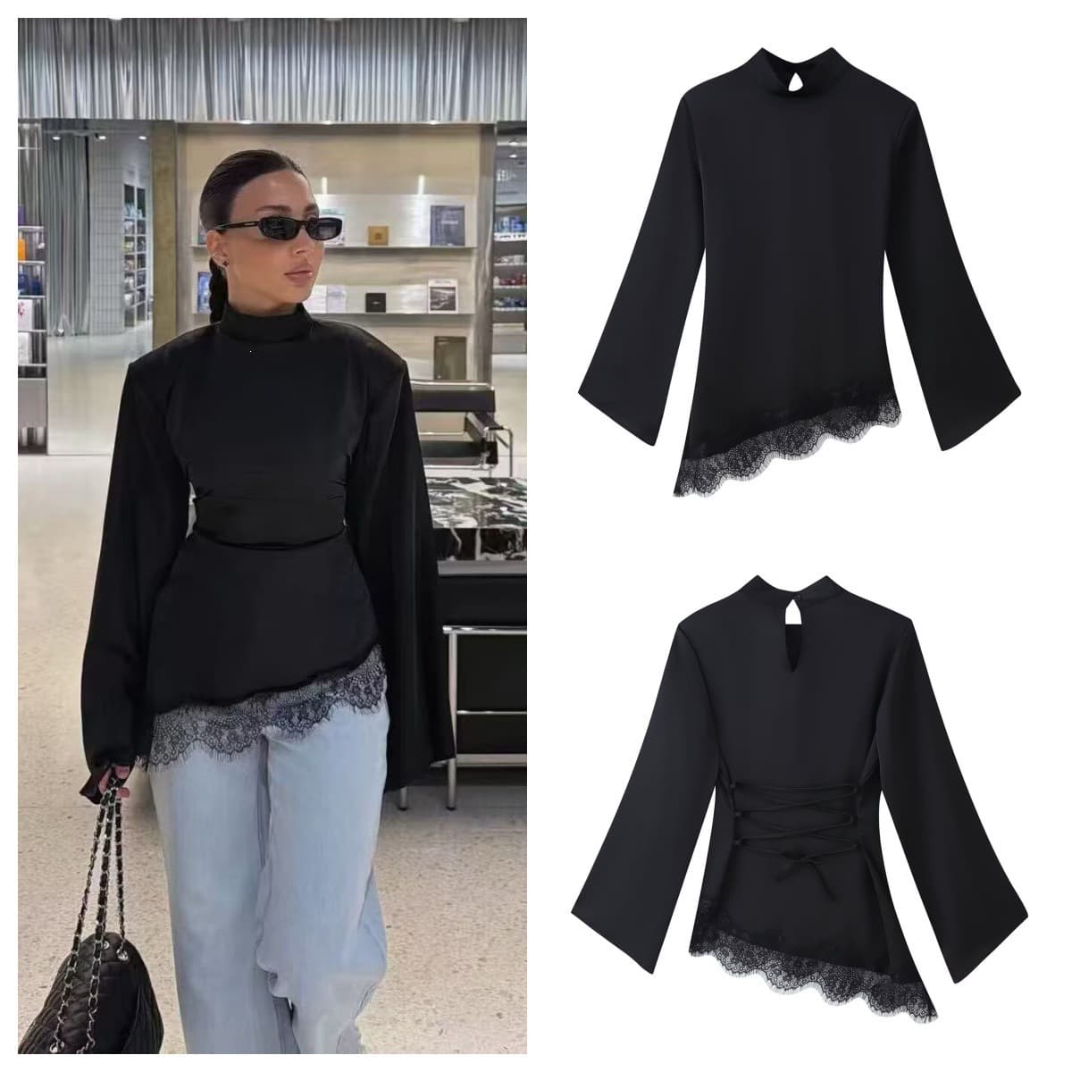 New Women's Long-Sleeve Tie-Front Solid Top with Round Neck, Bowknot, and Lace Trim, Casual Style for EU/US Cross-Border