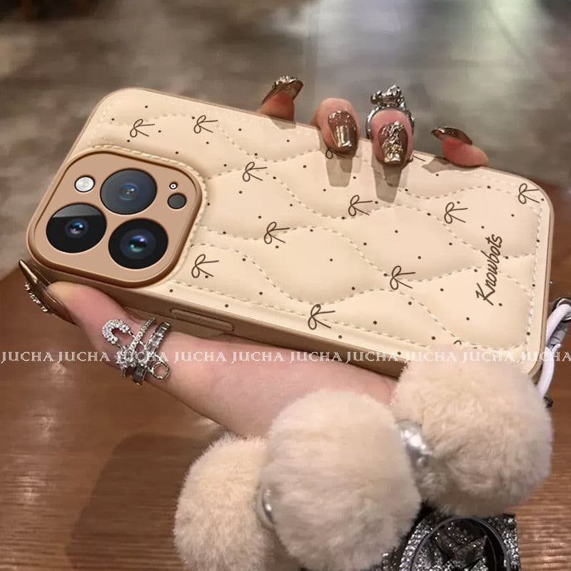 For Apple iPhone 16 Case Premium Sense iPhone 15 Plus with Lanyard Protective Cover Simple English Bow