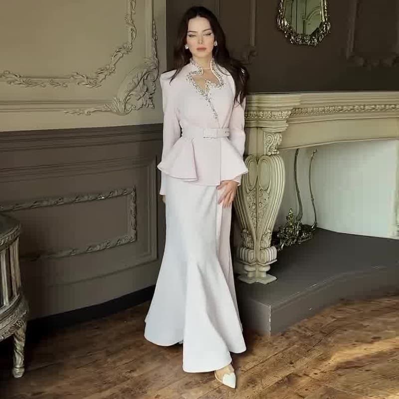 2025 Fall New European and American Amazon Cross-border Women's Set with Asymmetric Rhinestone Neckline in Light Pink