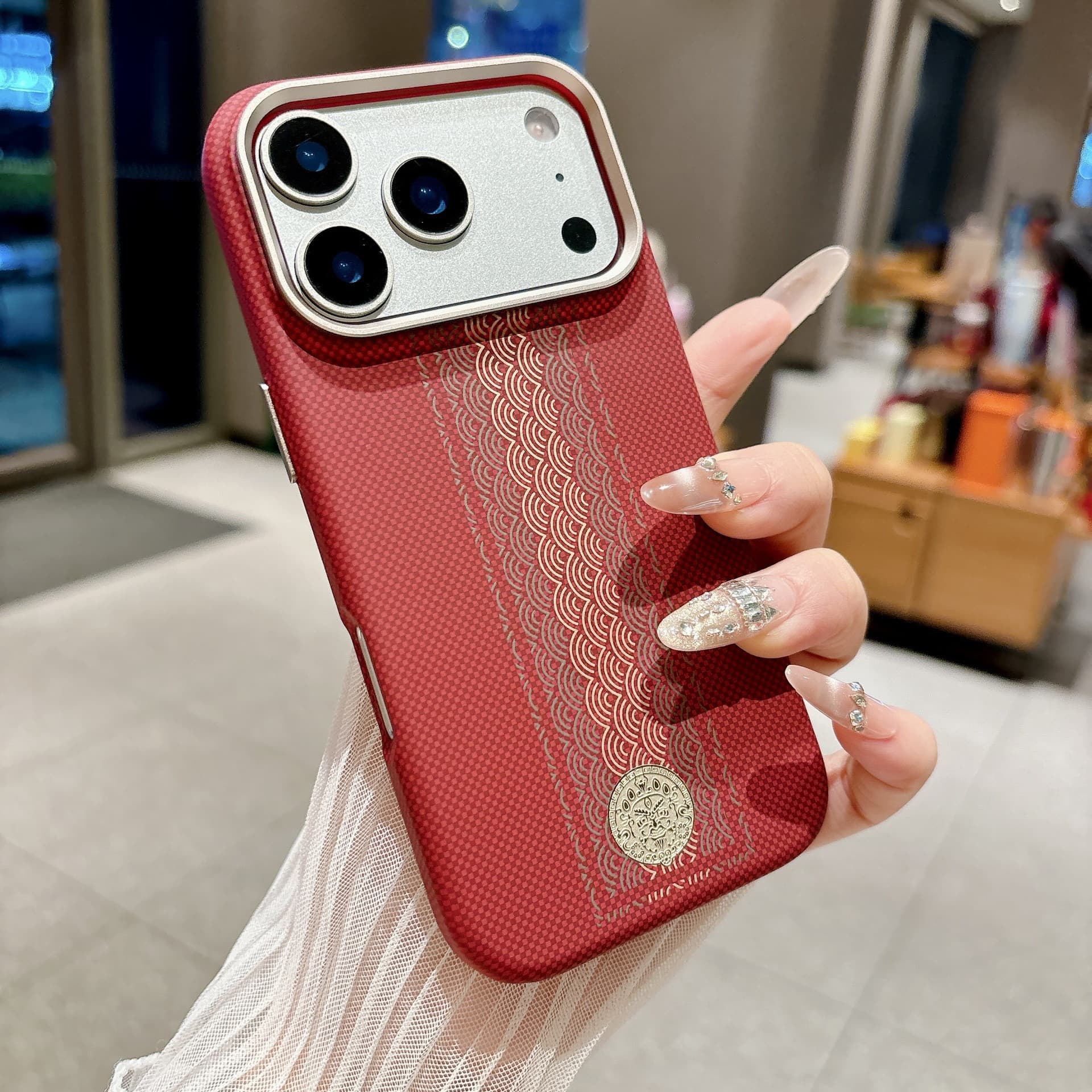 Suitable for Apple 17 Pro Max Phone Case, Carbon Fiber Pattern, Matte Skin Feel, Year of the Horse, Yellow God of Wealth, Magnetic Anti-Fall Hard Case