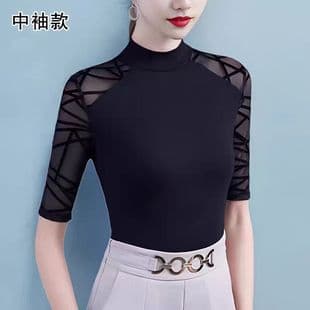 Short Sleeve T-Shirt for Women 2025 Summer New Cutout Black Slim Fit Top Half High Neck Patchwork Stylish Versatile Top