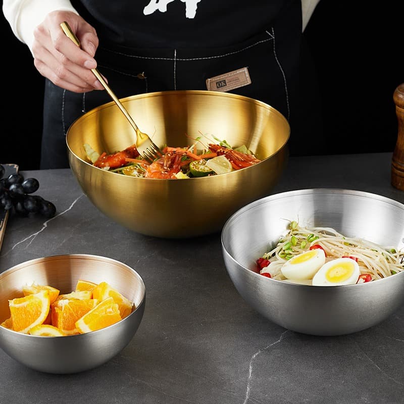 Korean-style 304 stainless cold noodle bowl, home large mixing bowl, fruit bowl, salad bowl, high aesthetic golden mixing bowl