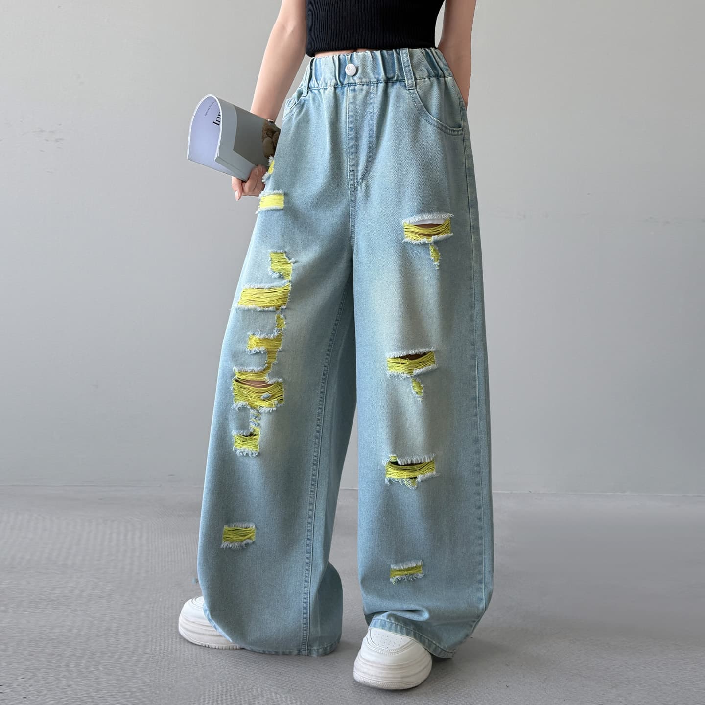 Girls Ripped Jeans Summer Thin Straight Leg Casual Pants for Teenagers Fashion