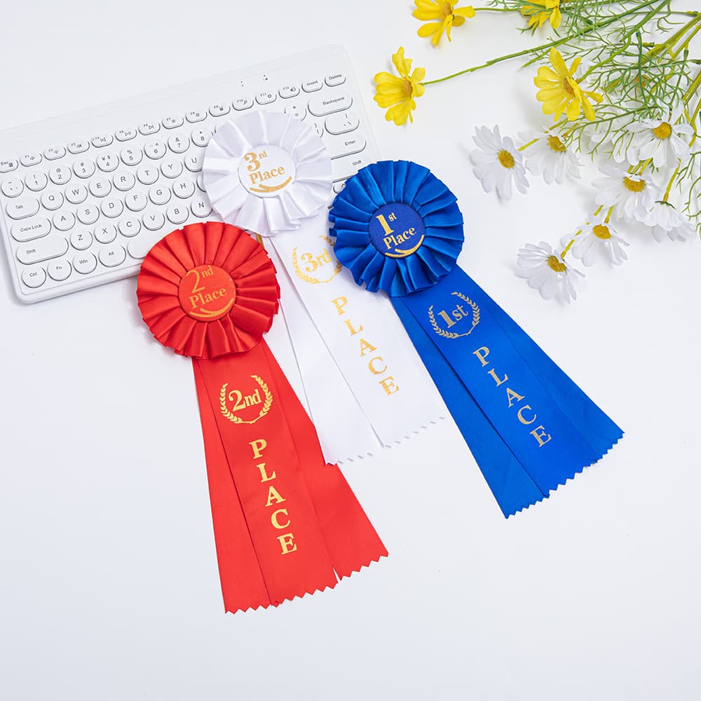 Ready Stock E-commerce Sports Events Various Parties Iron Wire Ribbon Gold Foil Stamped Badges with Ribbons for 1st, 2nd, 3rd Place