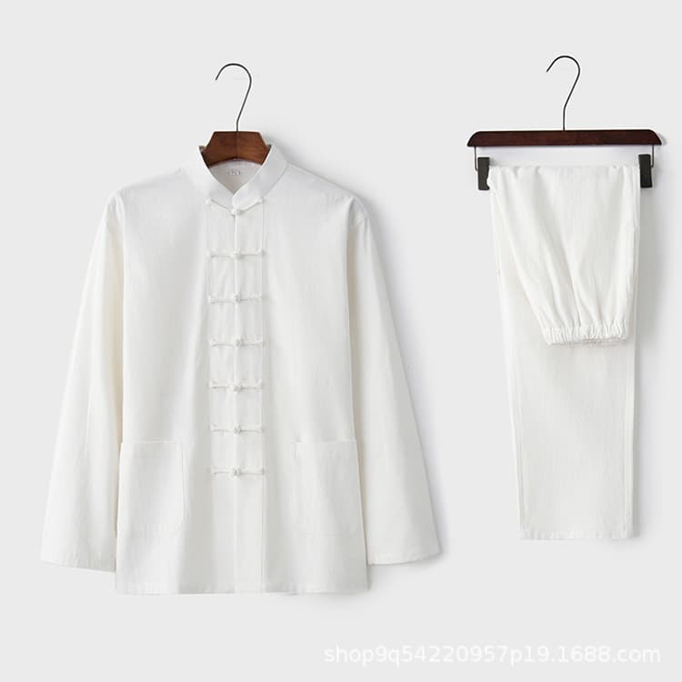 Chinese-style Tang suit men's long-sleeve cotton-linen set, vintage Chinese frog button top, Hanfu tea dress, two-piece set for middle-aged and elderly