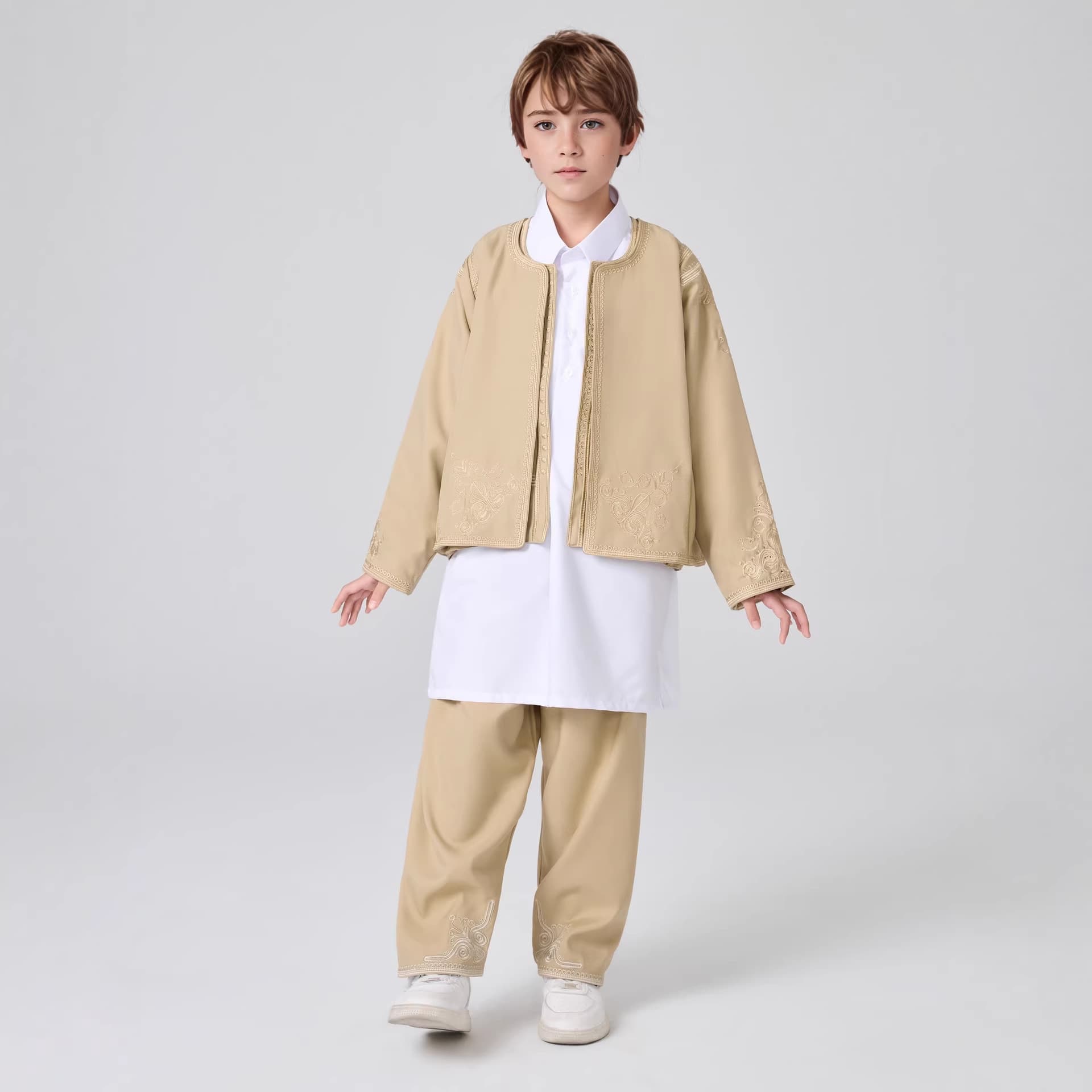 Boys' 4-Piece Embroidered Thobe Shirt Vest Jacket Pants Set