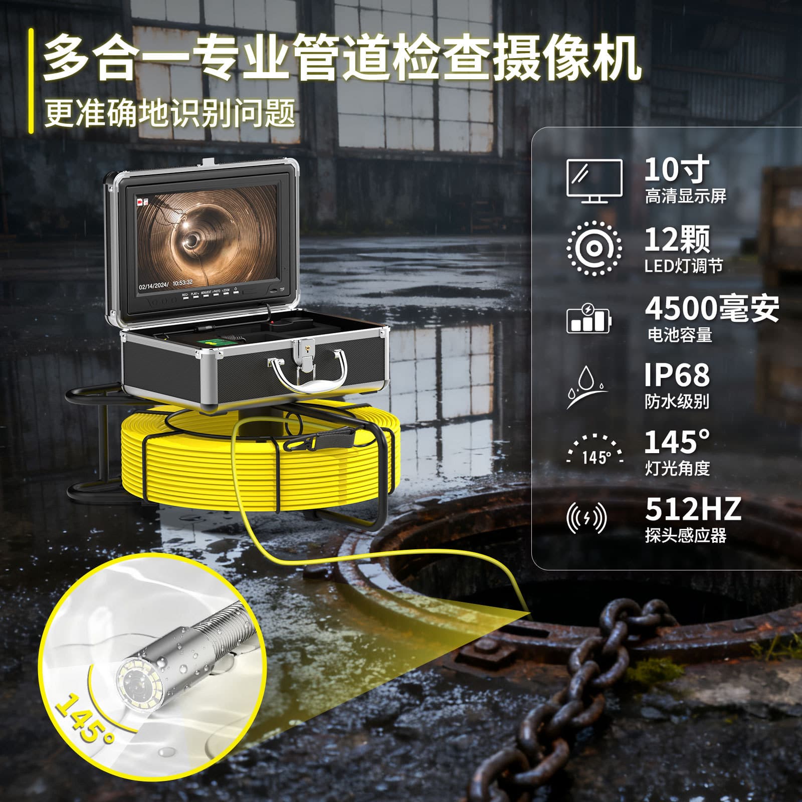 10inch Industrial Pipe Endoscope Sewer Meter Counter Visual Camera Pipeline Camera Repair Equipment