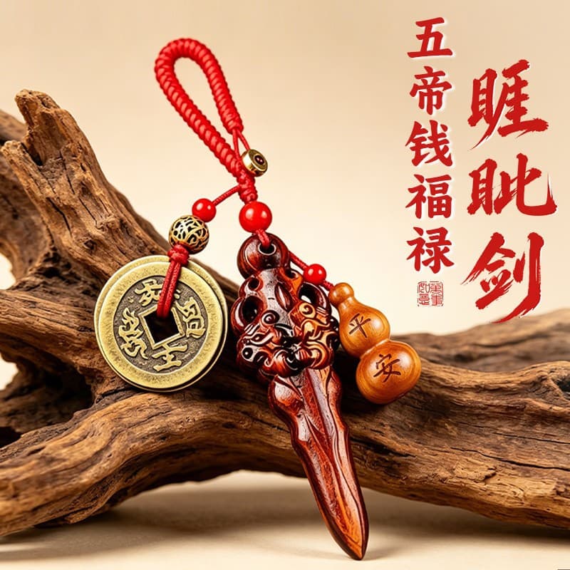 Natural lightning strike wooden Yajuan sword pendant Five Emperors' money peach wood sword keychain children's baby Five Emperors' money gourd Yajuan sword