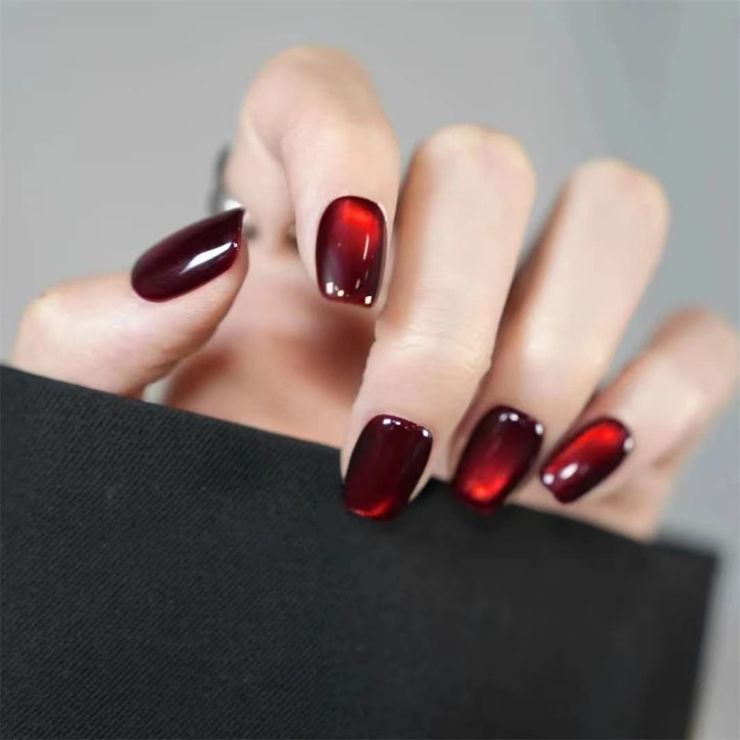 Xiaohongshu’s popular ruby cat eye handmade wearable nails for fall, winter and new year, press-on fake nail patches, bridal wedding nails