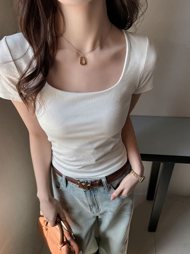 Strictly Selected White Square Neck Basic Short Sleeve T-Shirt Women's Summer Fitted Crop Top Sexy High-End Style