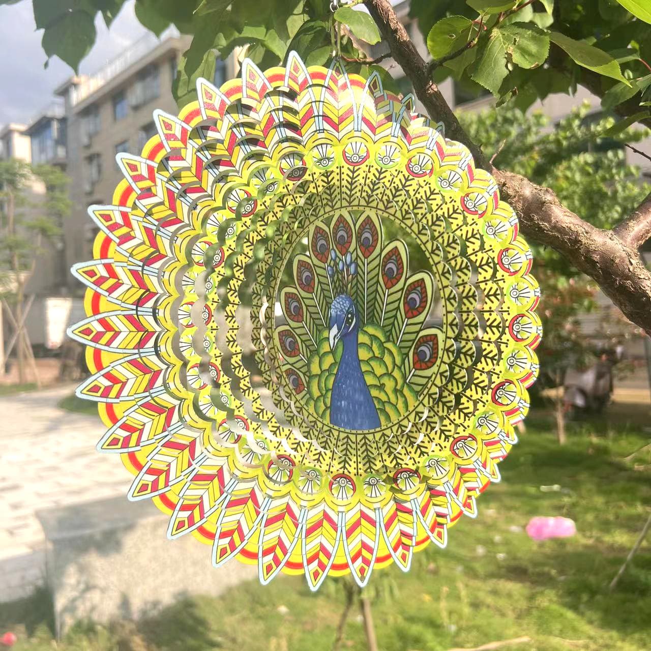 Golden Peacock Metal Wind Spinner 12-Inch 3D Stainless Steel Indoor Outdoor Hanging Garden Decoration