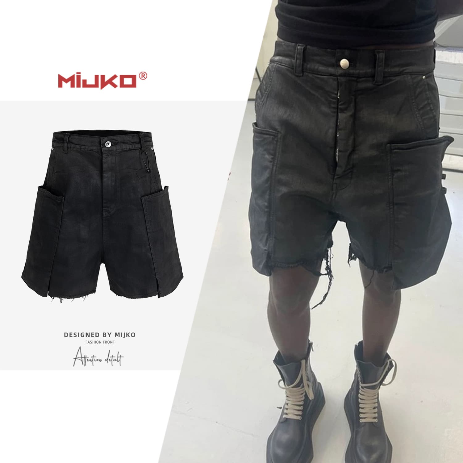 MIJKO Men's and Women's Wax-Coated Frayed Dark Style Cargo Shorts, Unisex Cat's Whisker Denim Shorts