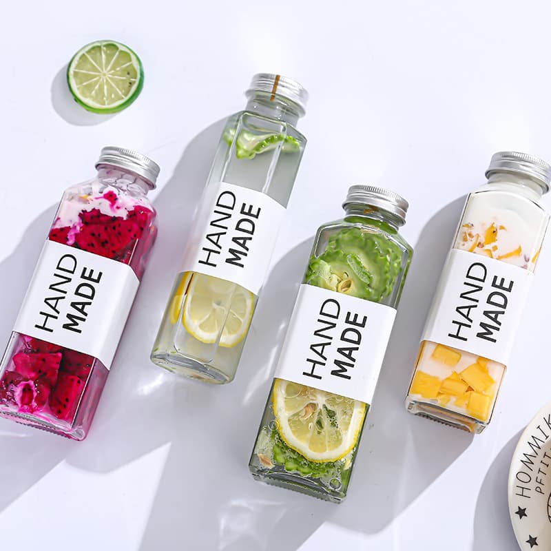 Food Grade Thickened round Square Glass Bottle with Cap Transparent Milk Tea Beverage Bottle High White Material Glass