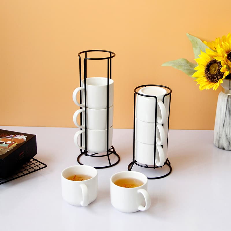 Simple Ceramic Mug Set 3-Piece 4-Piece with Black Metal Stand Home Office Drinkware