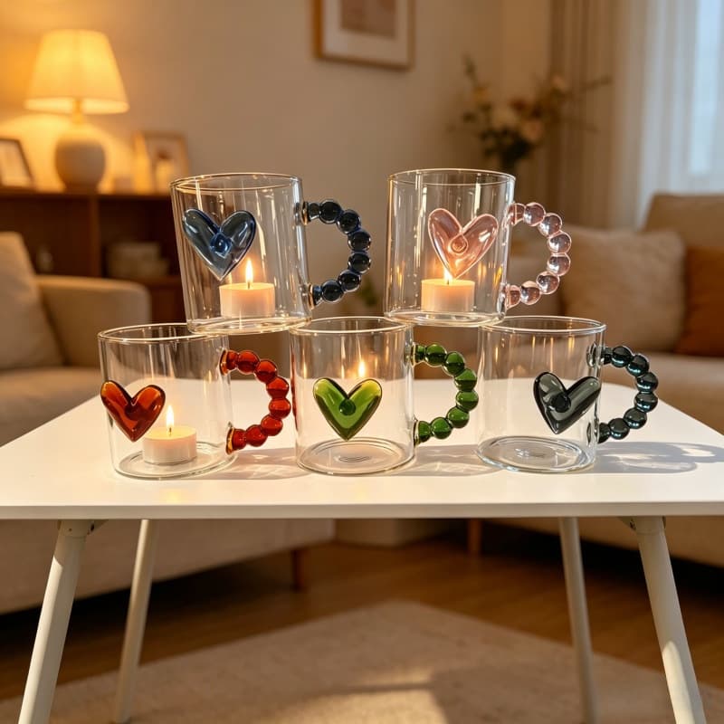 High borosilicate glass three-dimensional love cup with bead handle design living room coffee juice girl heart single layer cup