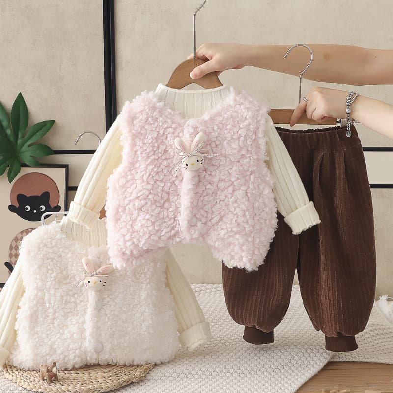 Girls Autumn Winter Cute Sweater Set 2026 New Girls Baby Thickened Fleece Fuzzy Vest 3-Piece Set Trendy