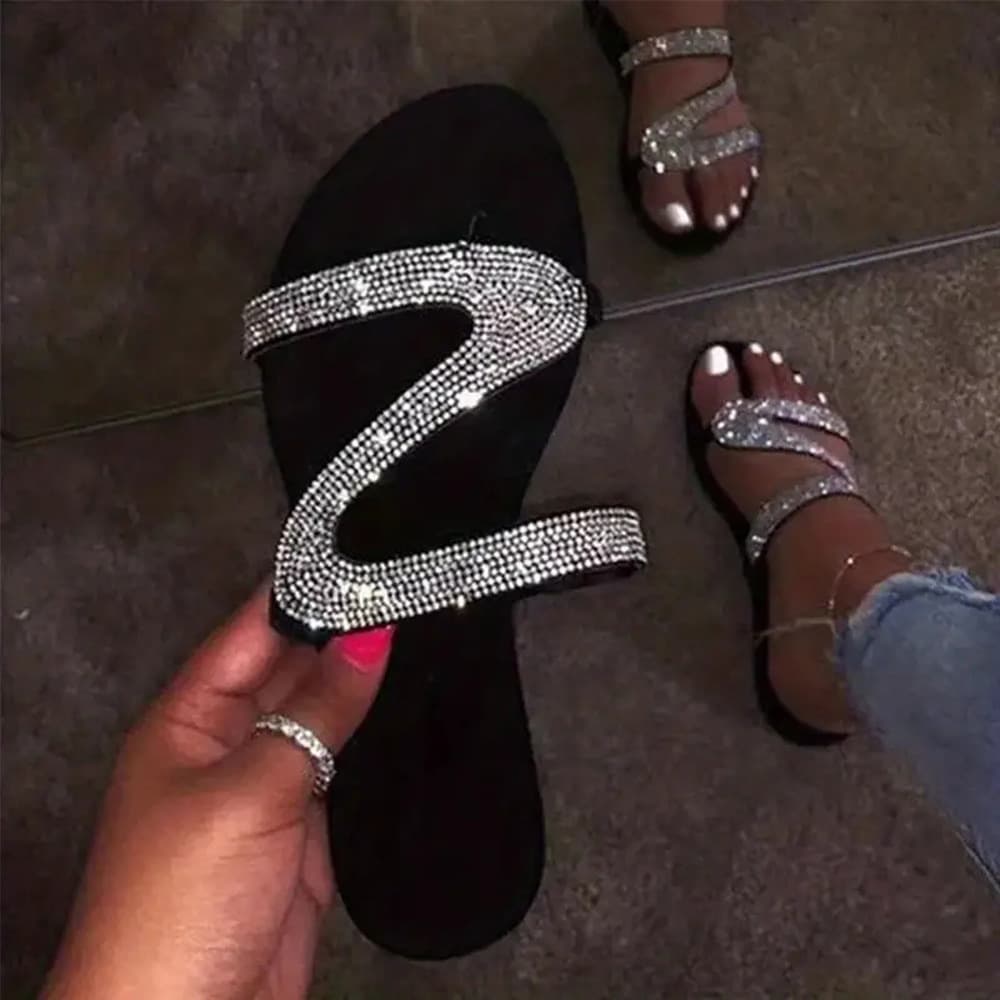 2021 Amazon Rhinestone Sandals Flat Casual Beach Shoes Women European American Plus Size One-Band Outdoor Slippers