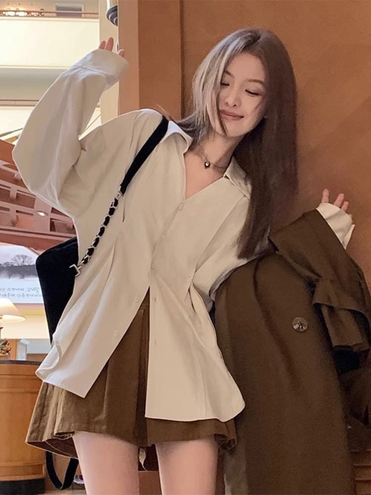 Dark Striped Cinch-Waist Shirt for Women New Spring/Summer Sun-Protection Top Layering Inner Base Blouse Outerwear Autumn/Winter