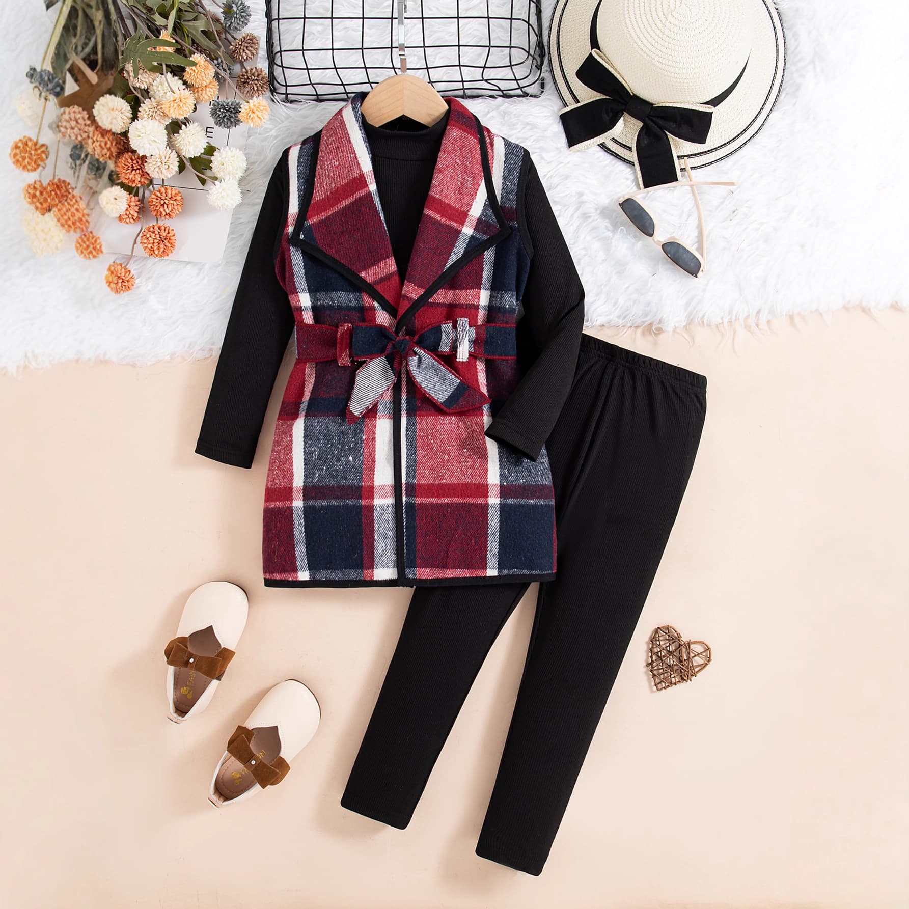 Young Girls Casual Plaid Sleeveless Long Vest Jacket + Solid Color Groove Stripe Half-High Neck Long Sleeve