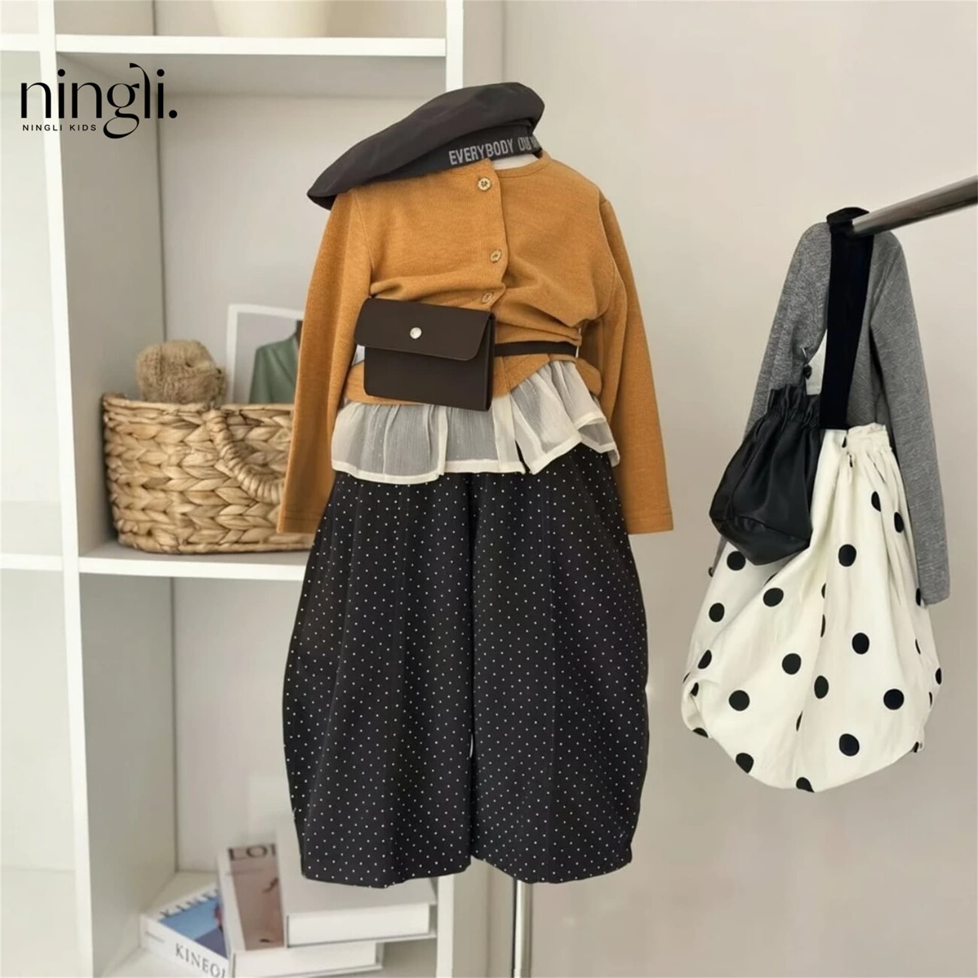 Ningli Girls Spring and Autumn Set New Children's Stylish Korean Style Lace Cardigan Long Sleeve Baby Polka Dot Curved Pants