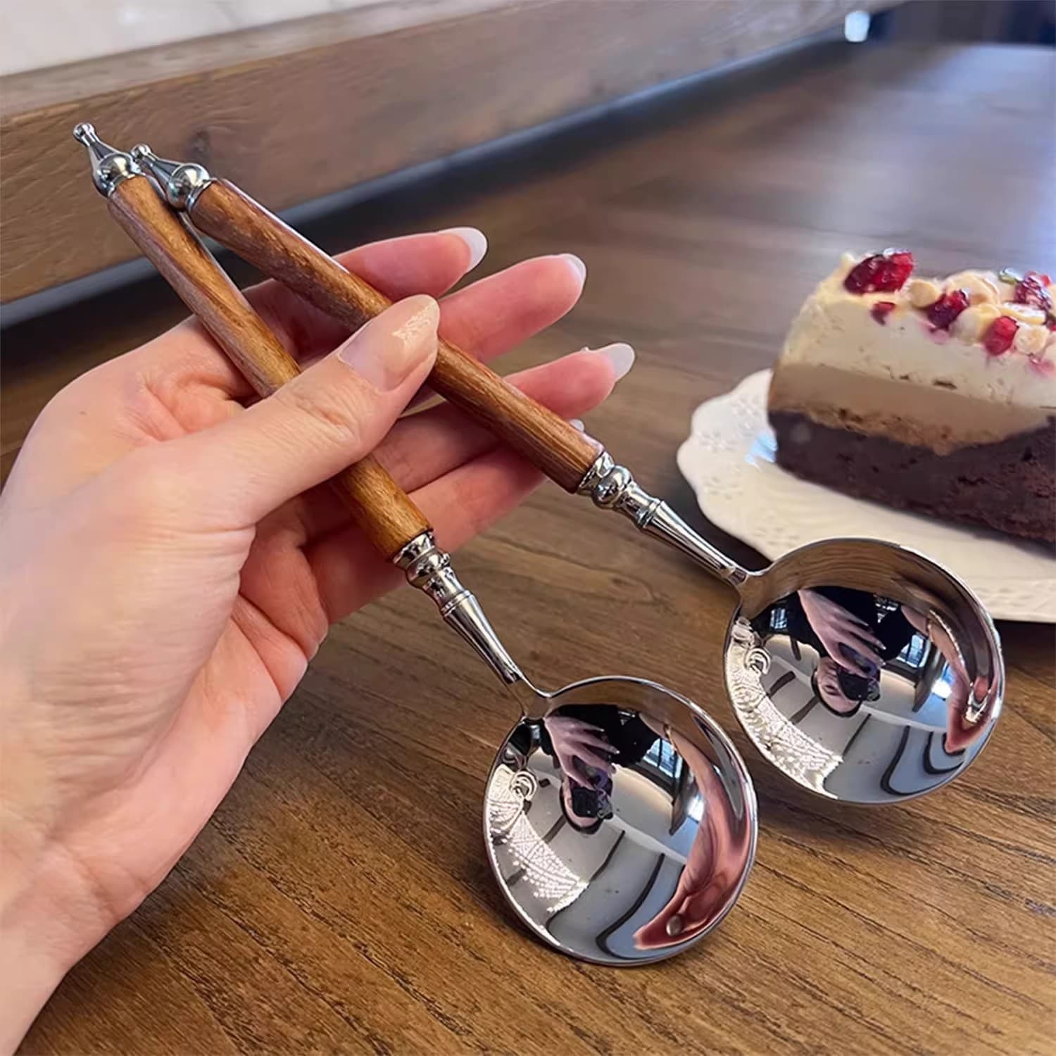 Trendy Stainless Steel Spoon Imitation Rosewood Round Spoon Long Handle Round Head Spoon Dessert Spoon Soup Spoon for Restaurant