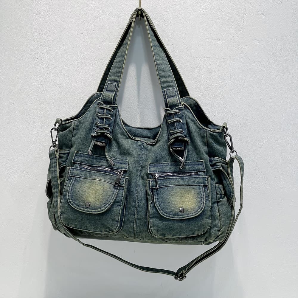 Denim Bag for Women Washed Vintage Crossbody Bag Multi-Pocket Shoulder Bag Fashion Large Capacity Tote Bag Export Bag