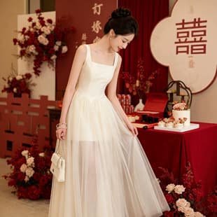 Petite Spaghetti Strap Engagement Dress Women Certificate Registration White Dress Heiress Adult Ceremony Dress Wedding Dress Daily Wear
