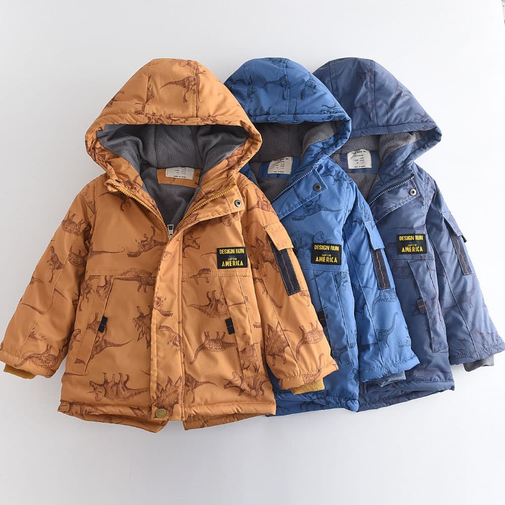Dinosaur Print Fleece-Lined Thickened Hooded Kids' Cotton Jacket, Winter Casual Wear for Boys, Soft Polyester Fabric, Zipper Closure