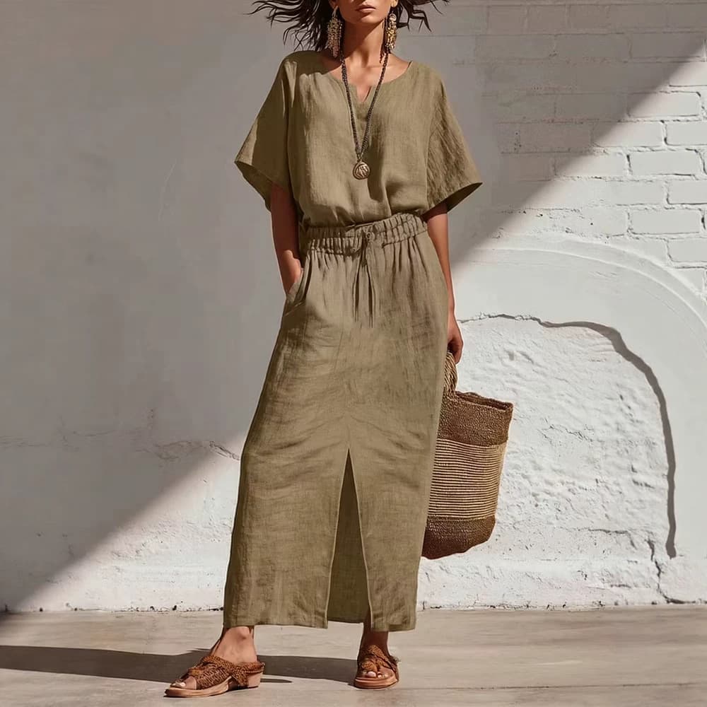 2026 Spring/Summer European and American Cross-Border Batwing Sleeve V-Neck Split Casual Comfortable Cotton-Linen Blend Shirt + Skirt Set
