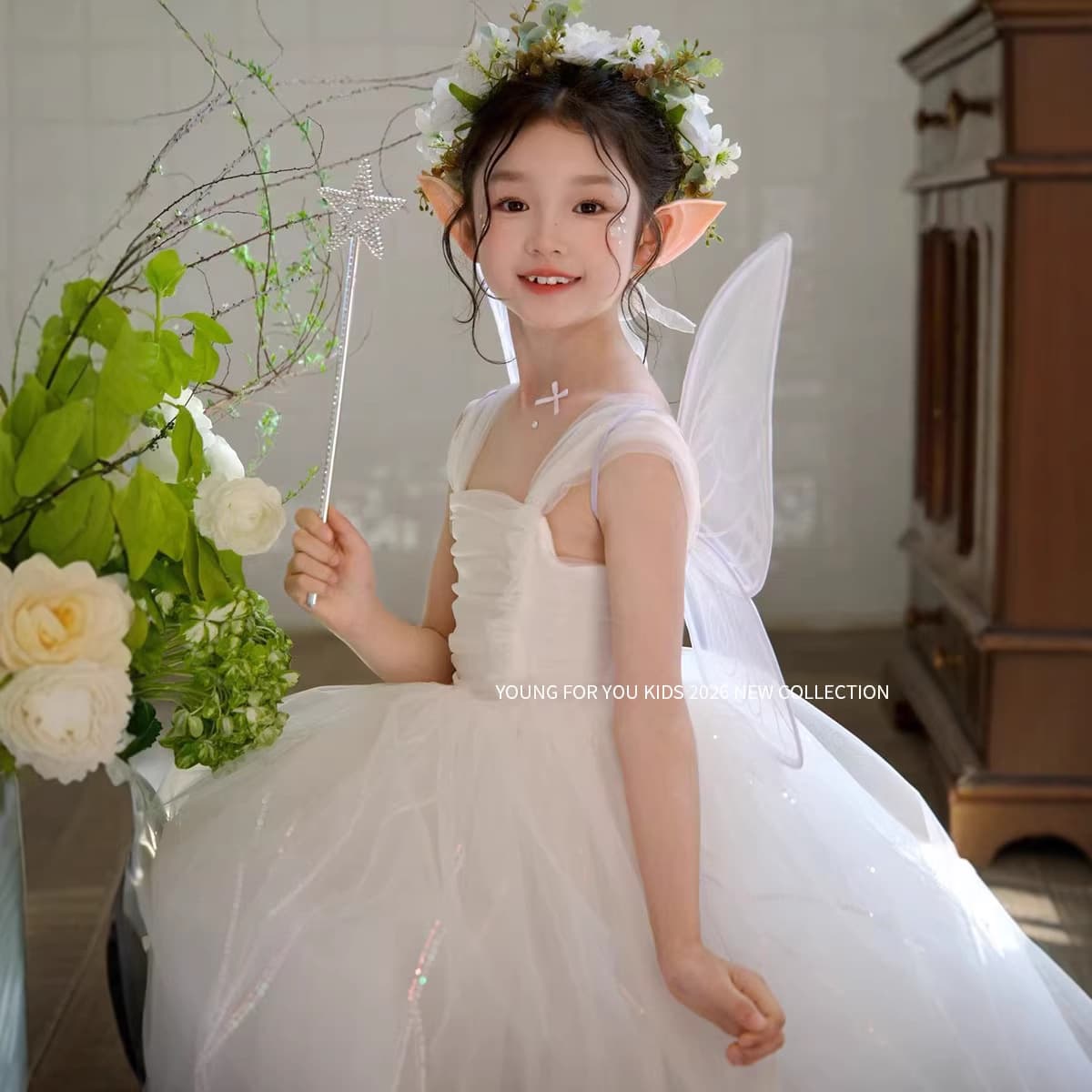 Girls White Fairy Princess Dress Kids Tulle Tutu Flower Fairy Performance Costume Birthday Gown