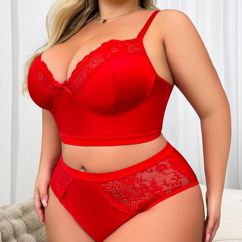 European and American Sexy Lingerie Plus Size Lace Patchwork Elegant Lingerie Set, Large Bust Minimizer Push Up Bra for Women